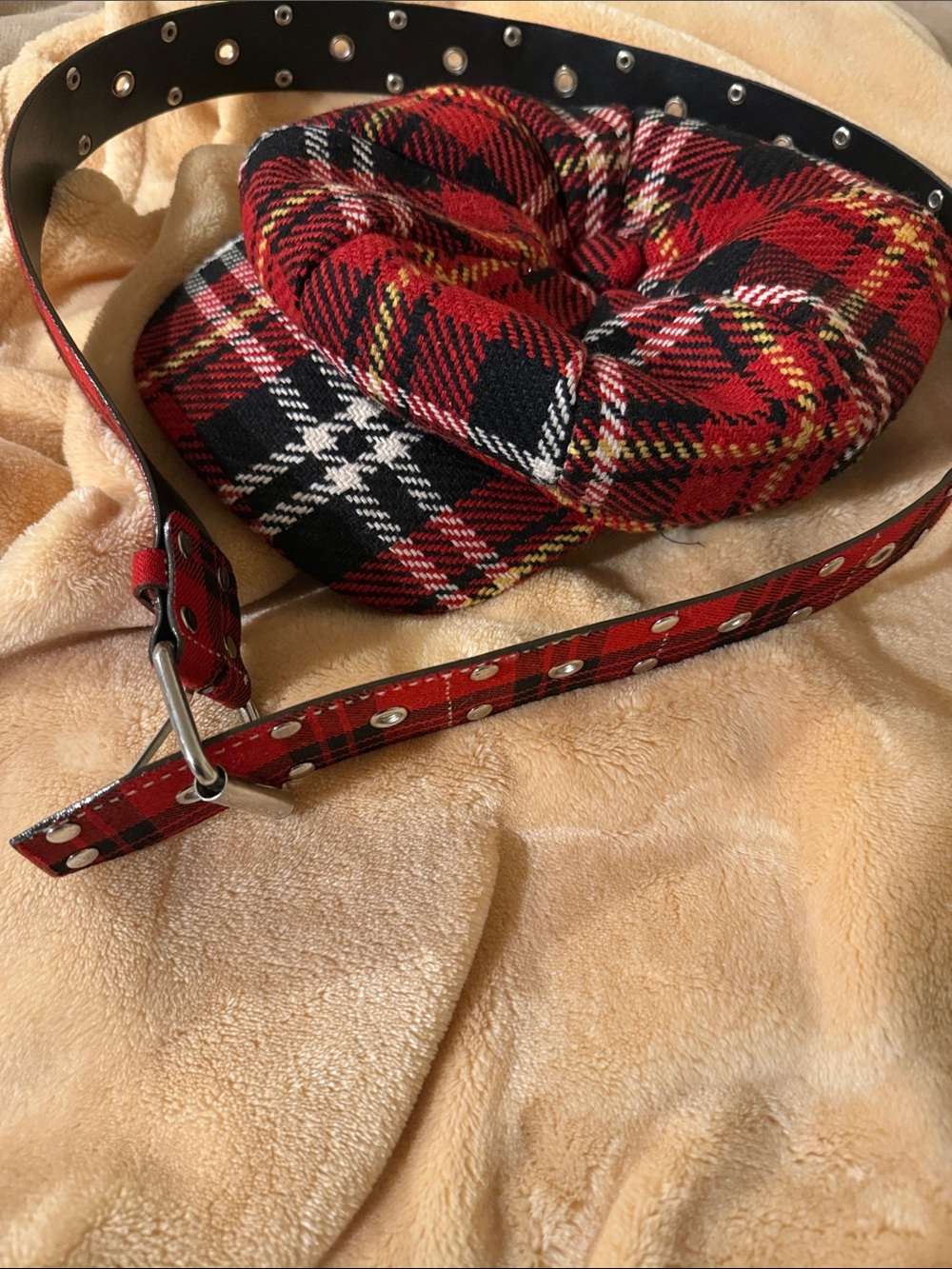 Red Plaid Beret with Matching Red Plaid Belt